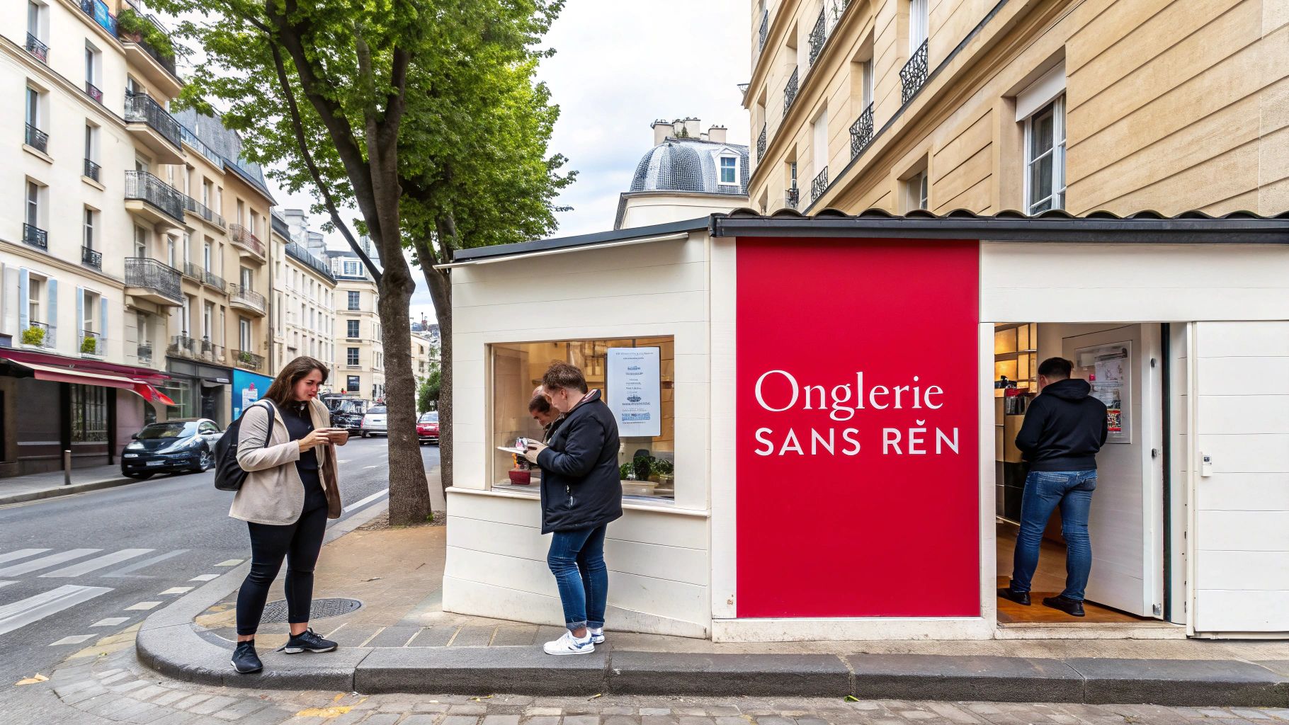 Des personnes interagissent près d'une onglerie moderne "Onglerie Sans RÈN" dans une rue parisienne animée.