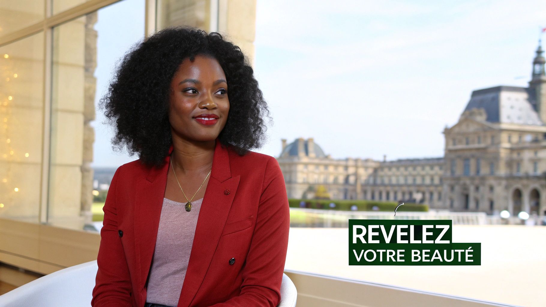 Une femme souriante aux cheveux bouclés, en blazer rouge, devant une fenêtre avec un grand bâtiment.