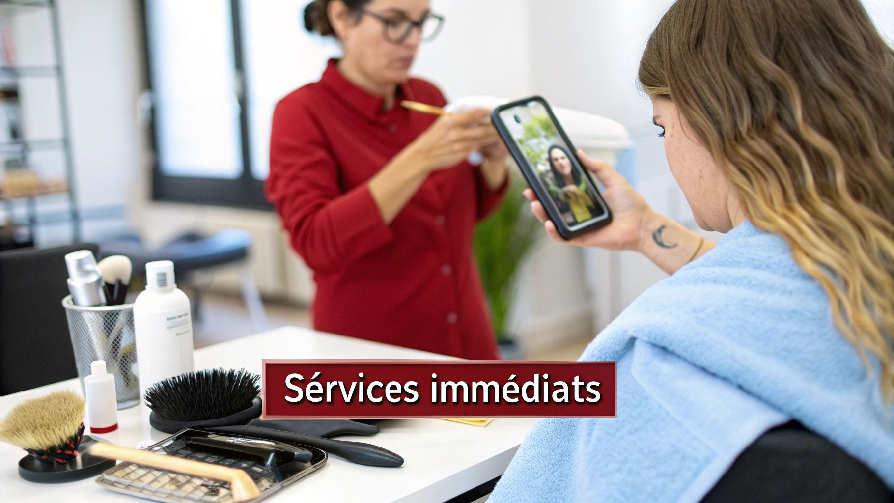 Une cliente regarde son téléphone pendant qu'une coiffeuse prépare des produits dans un salon de beauté, avec des outils de coiffure sur la table.
