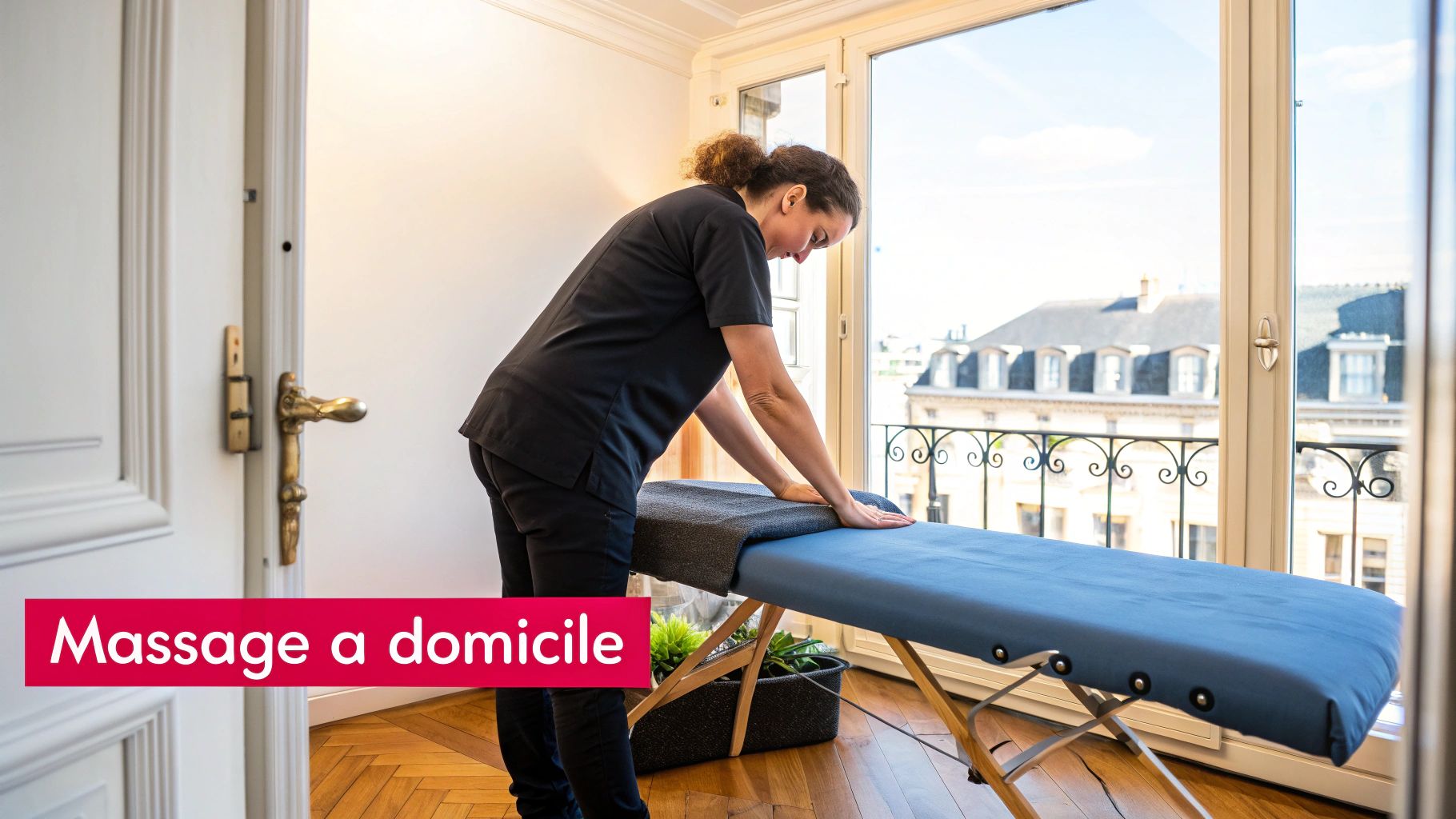 Une masseuse professionnelle prépare une table de massage à domicile dans un appartement lumineux avec vue sur la ville.