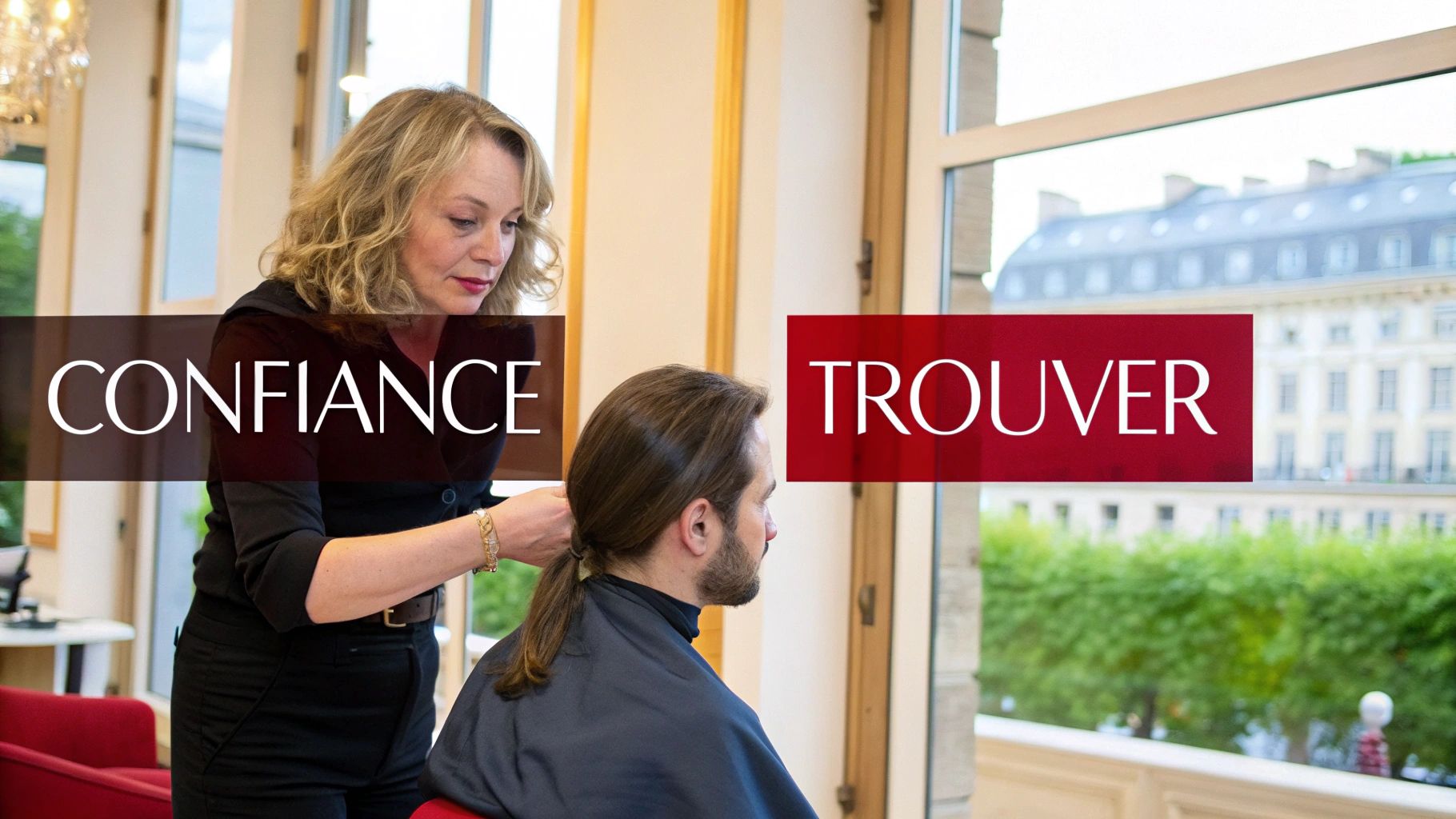 Coiffeuse ajustant les cheveux d'un homme dans un salon lumineux, avec les mots "CONFIANCE" et "TROUVER".