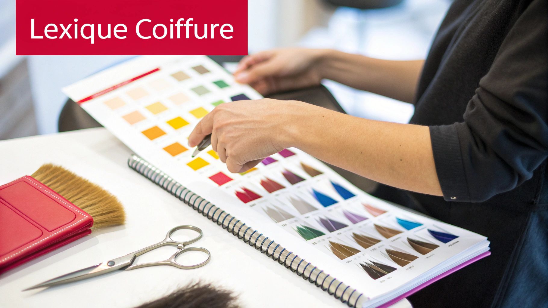 Une personne consulte un nuancier de couleurs de cheveux dans un salon, avec des ciseaux et une brosse de coiffeur sur la table.