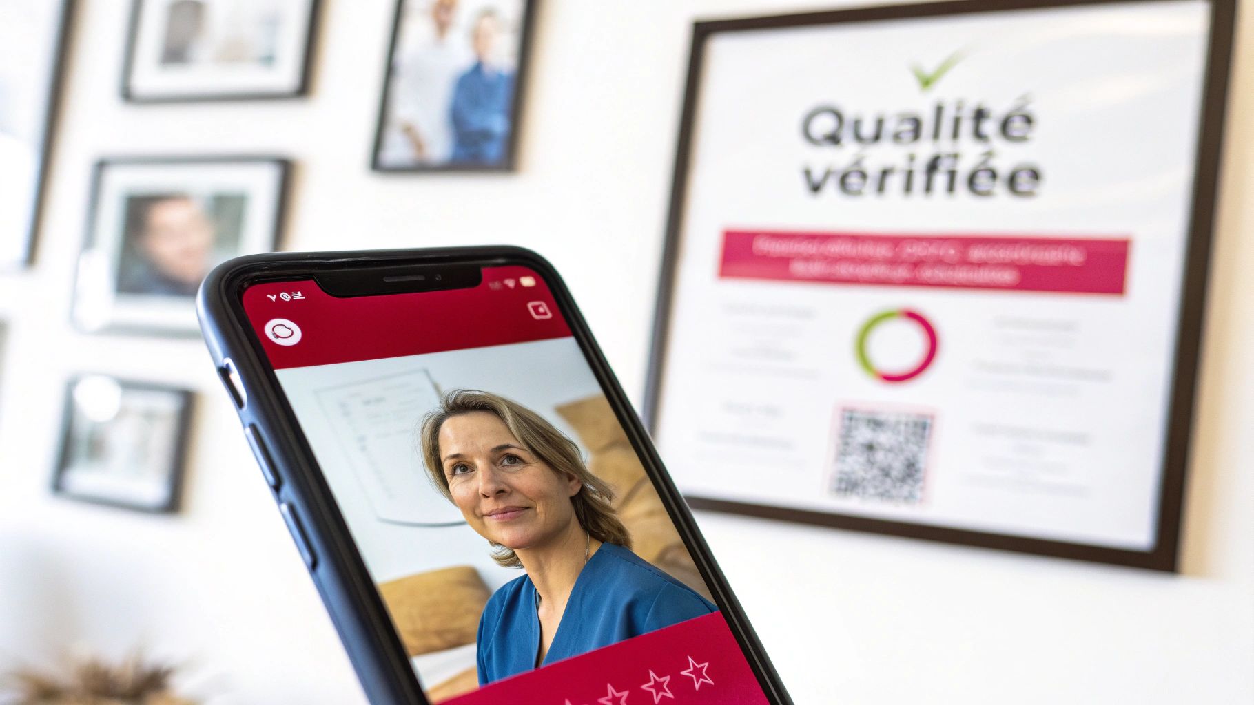 Une femme regardant son téléphone affichant l'image d'une femme, avec un panneau "Qualité vérifiée" en arrière-plan.