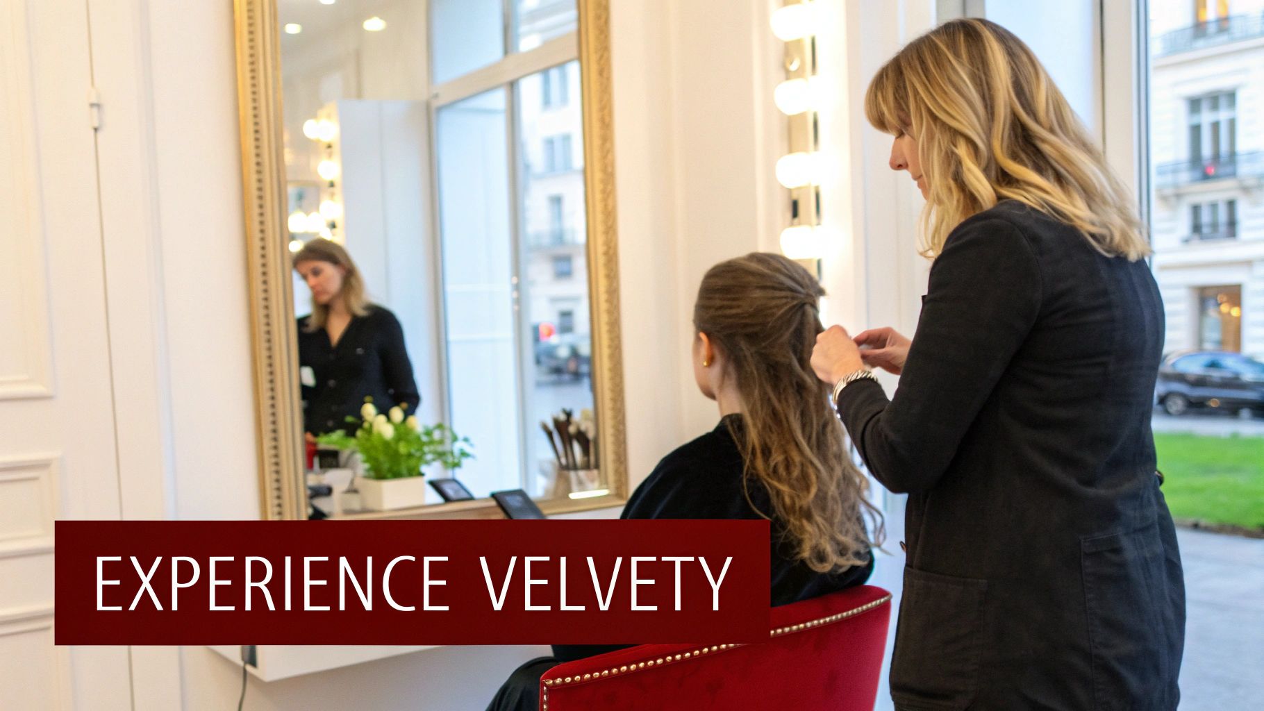 Une coiffeuse blonde coiffant les cheveux longs d'une cliente dans un salon de beauté lumineux.