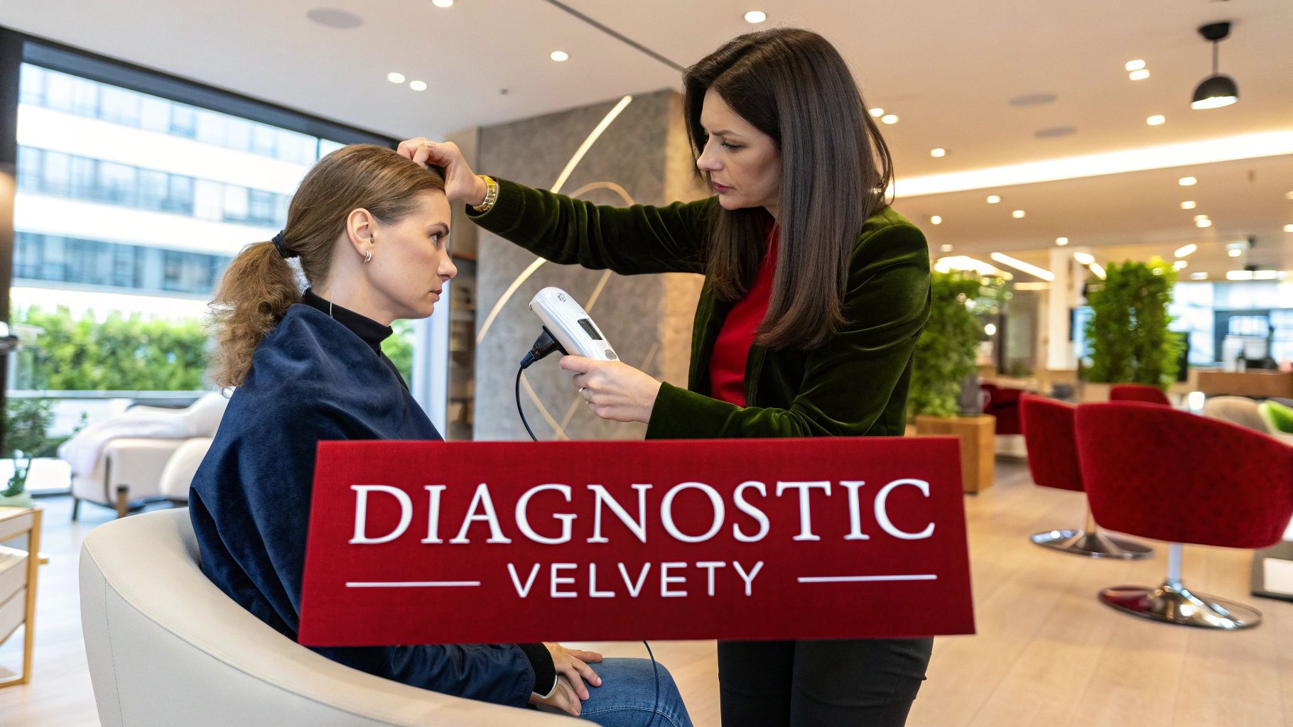 Une cliente recevant un soin capillaire personnalisé dans un salon de luxe