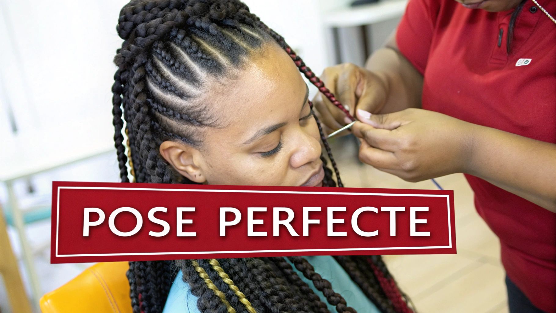 Styliste expert posant un tissage sur une cliente dans un salon de luxe