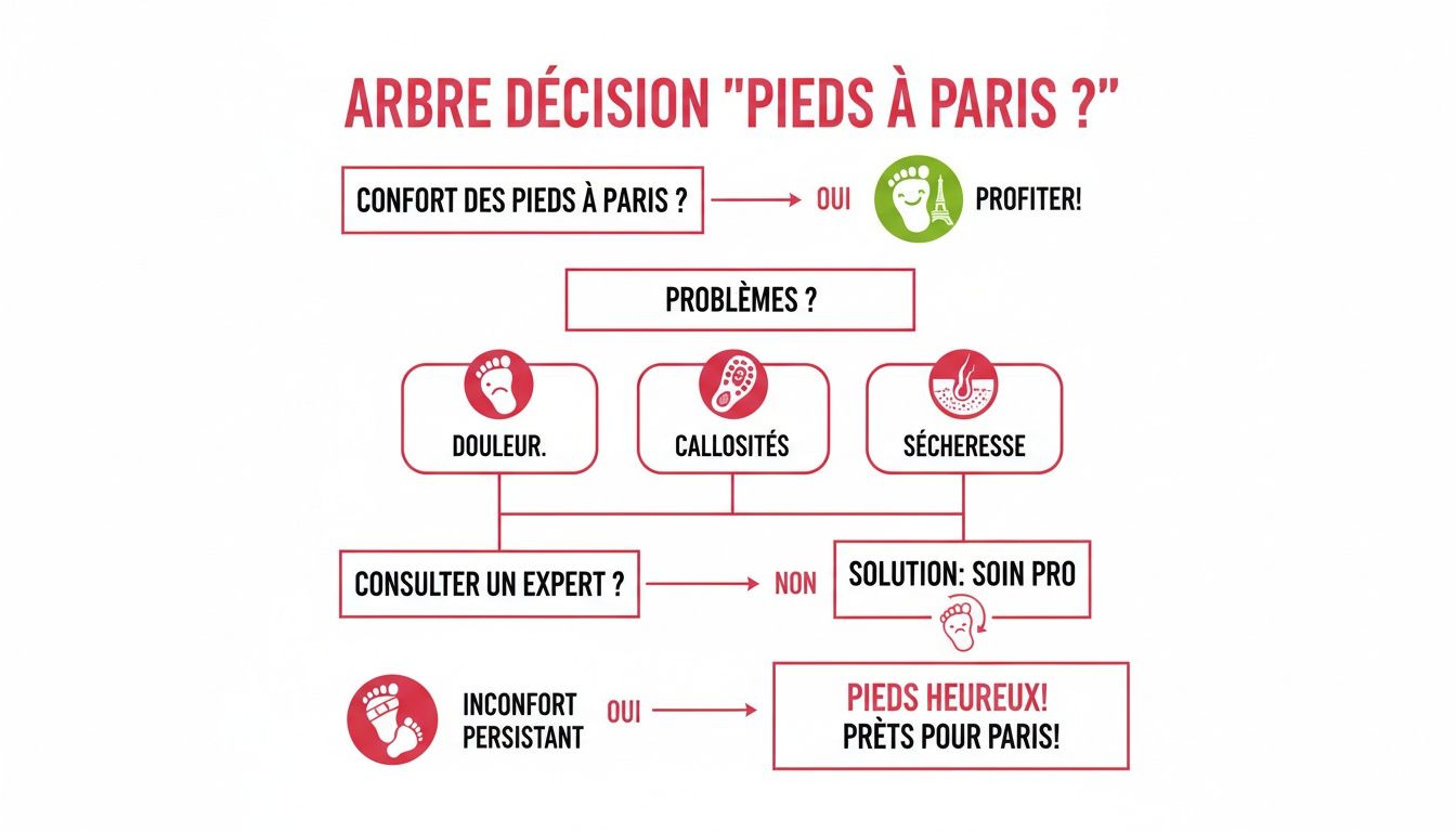 Arbre de décision sur le confort des pieds à Paris, abordant problèmes, solutions et consultations d'experts.