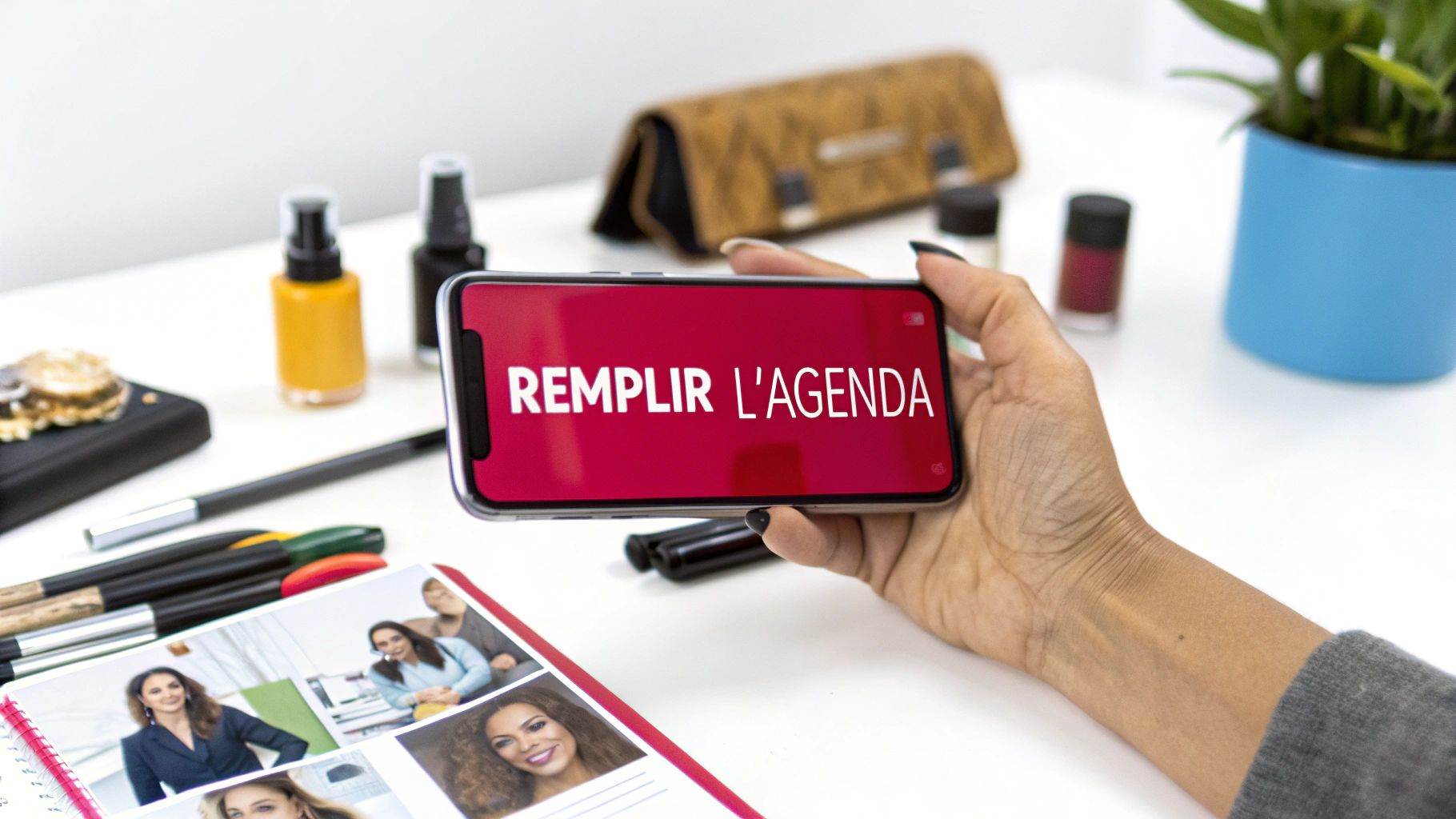 Une main tient un smartphone affichant « REMPLIR L'AGENDA », entouré de produits de beauté et de papeterie sur un bureau blanc.