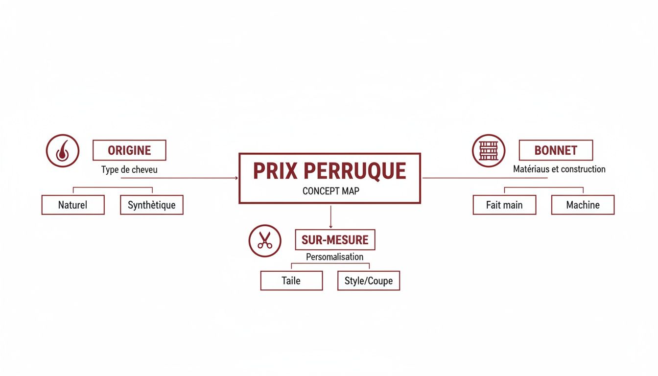 Carte conceptuelle détaillant les facteurs influençant le prix d'une perruque: origine des cheveux, type de bonnet et personnalisation.