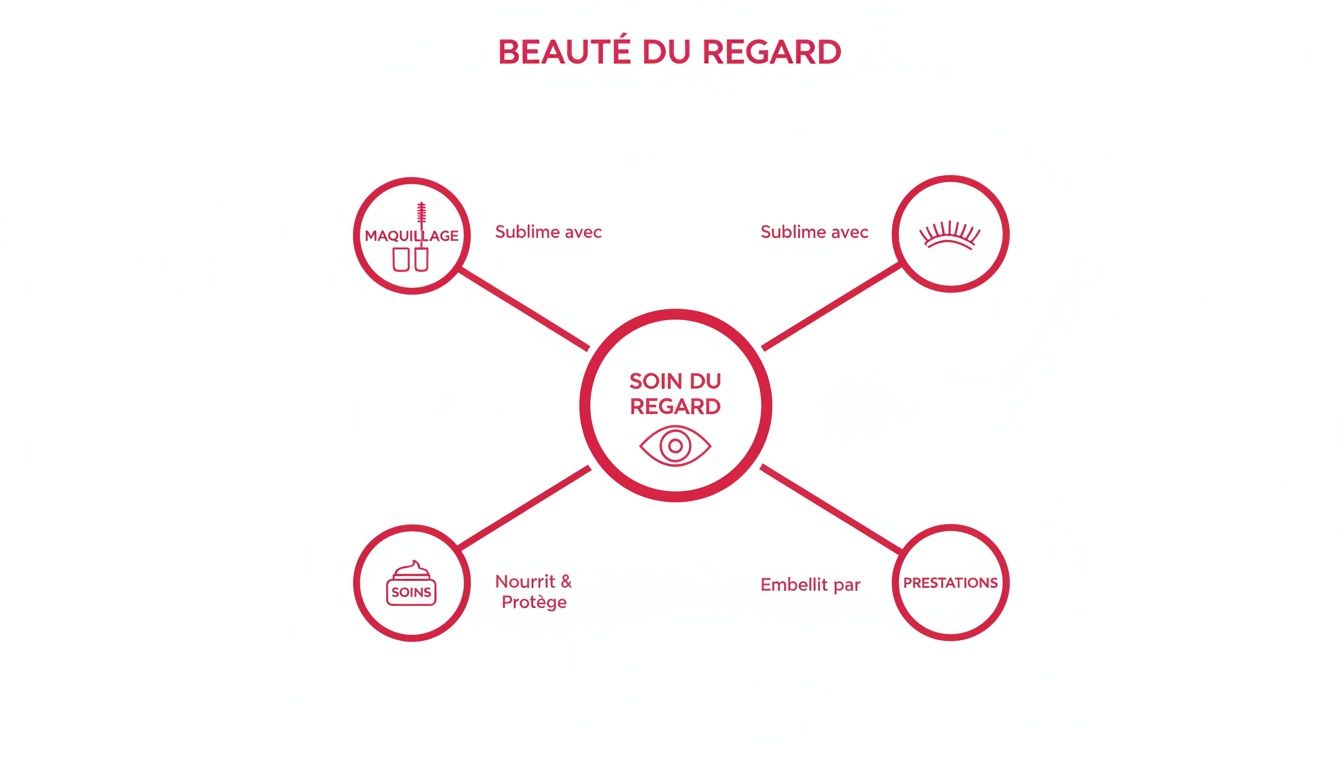 Diagramme explicatif de la beauté du regard, centré sur le soin, incluant maquillage, soins et prestations.