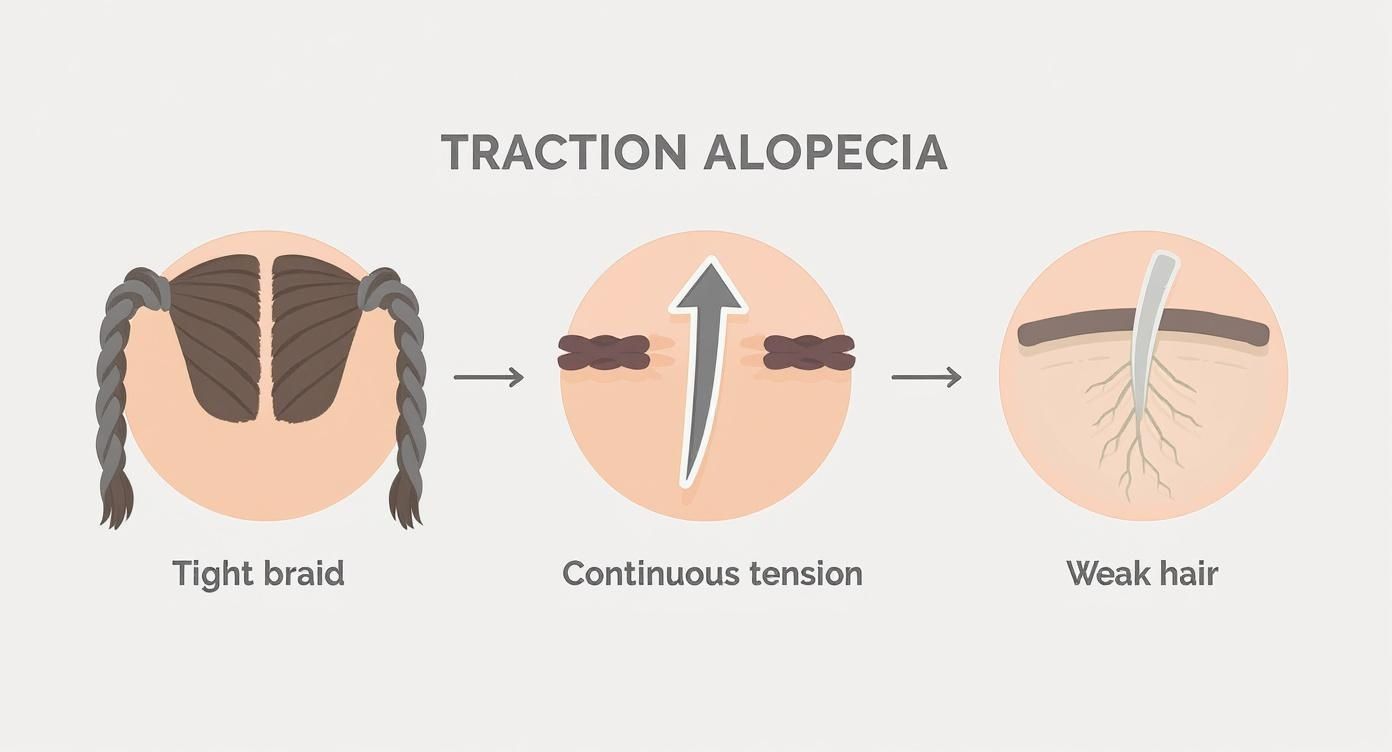 Infographie illustrant le processus en 3 étapes de l'alopécie de traction, de la coiffure serrée à l'épuisement du follicule.