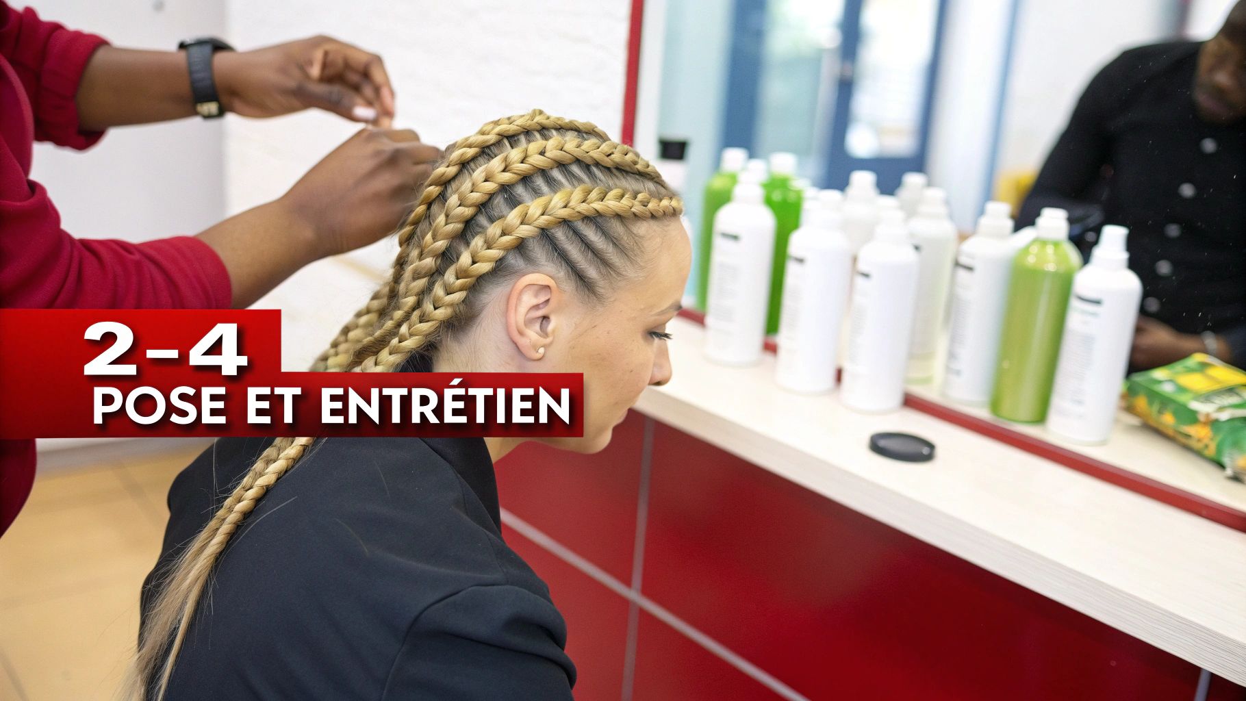 Une coiffeuse réalise des tresses africaines sur une femme blonde dans un salon, avec des produits capillaires.