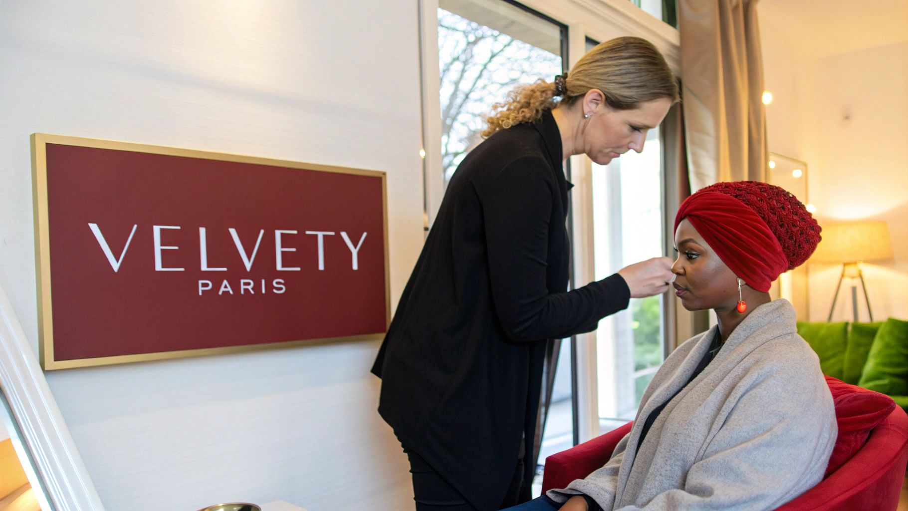 Une femme applique du maquillage à une autre femme portant un turban rouge, avec le panneau Velvety Paris.