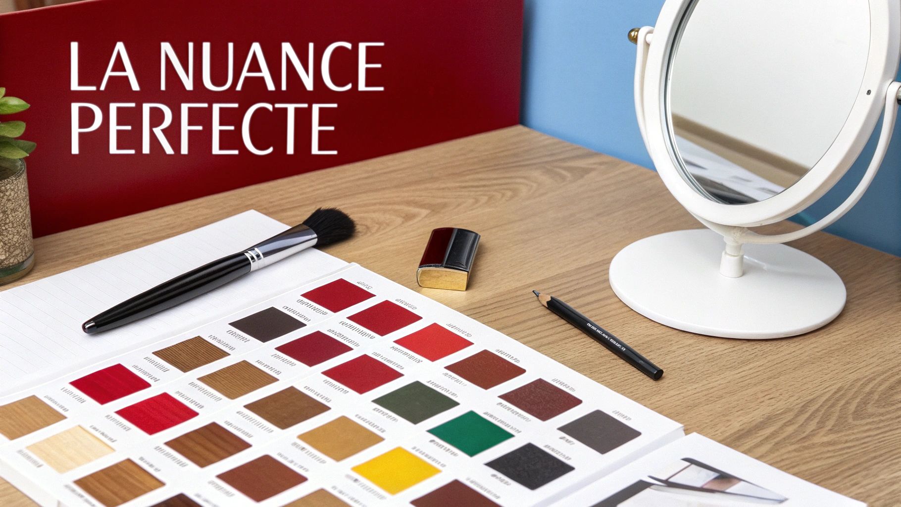 Table avec une palette de couleurs, des produits de maquillage et un miroir, illustrant le choix de la nuance parfaite.