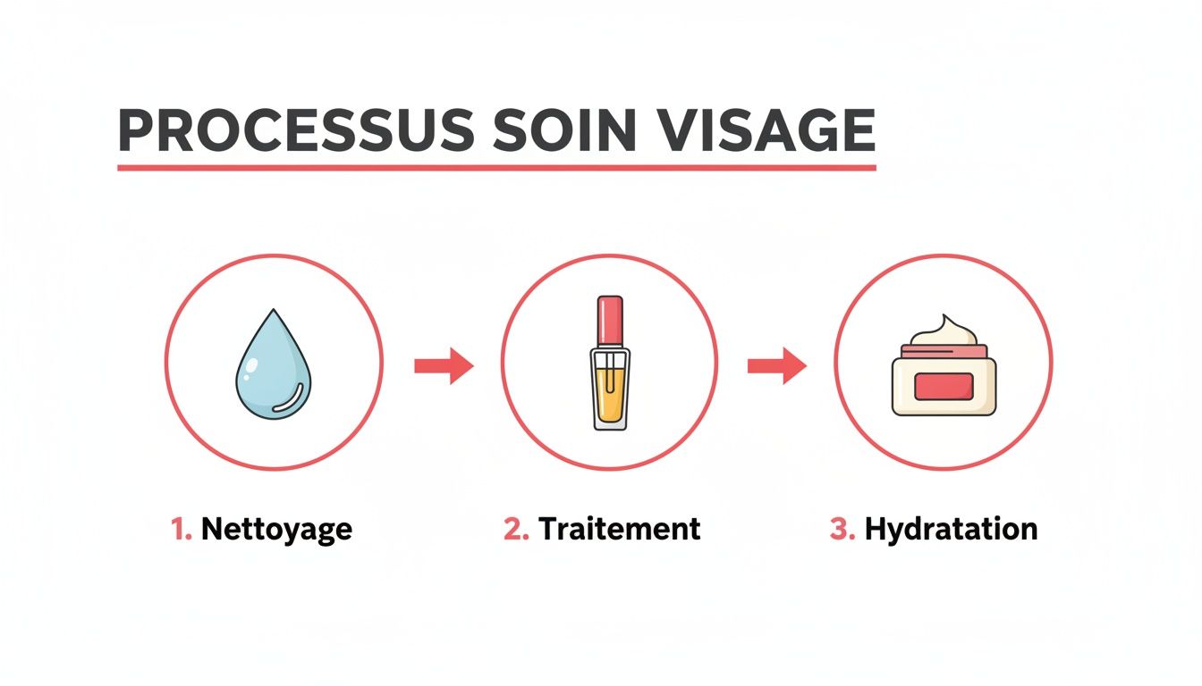 Illustration des 3 étapes clés du processus de soin du visage : nettoyage, traitement et hydratation, avec icônes représentatives.