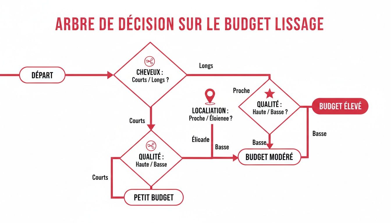 Arbre de décision détaillant comment estimer le budget d'un lissage capillaire selon la longueur des cheveux, la localisation et la qualité.