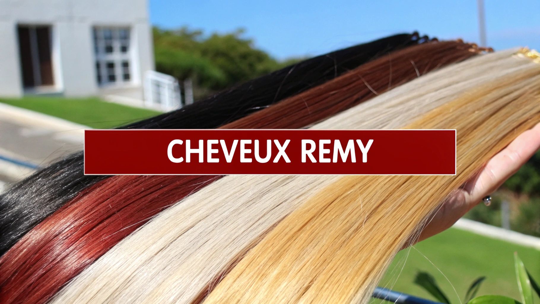 Extensions de cheveux Remy de différentes couleurs (noir, brun, blond) tenues dans une main, avec un fond flou d'extérieur.