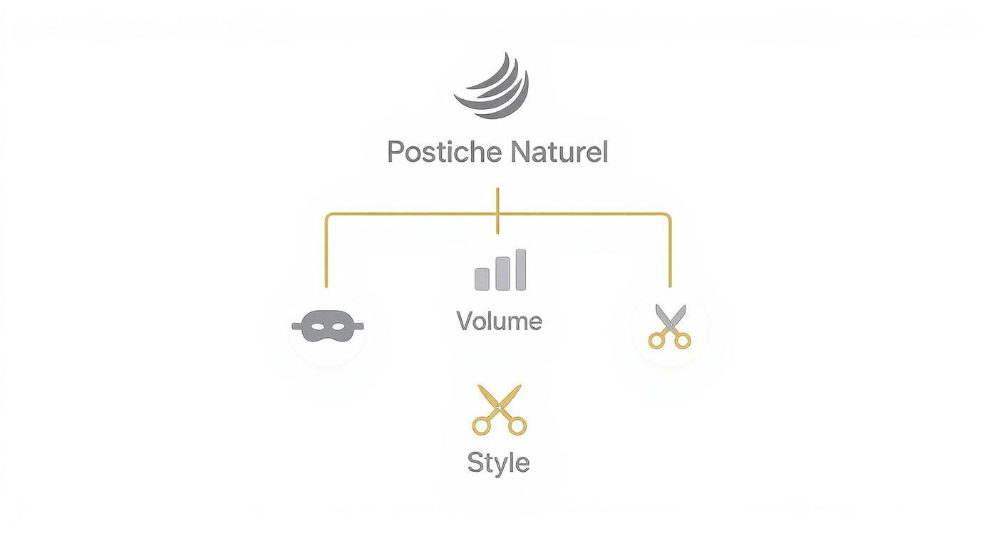 Diagramme hiérarchique présentant le postiche naturel, avec des options pour le volume et le style, illustré par des icônes.