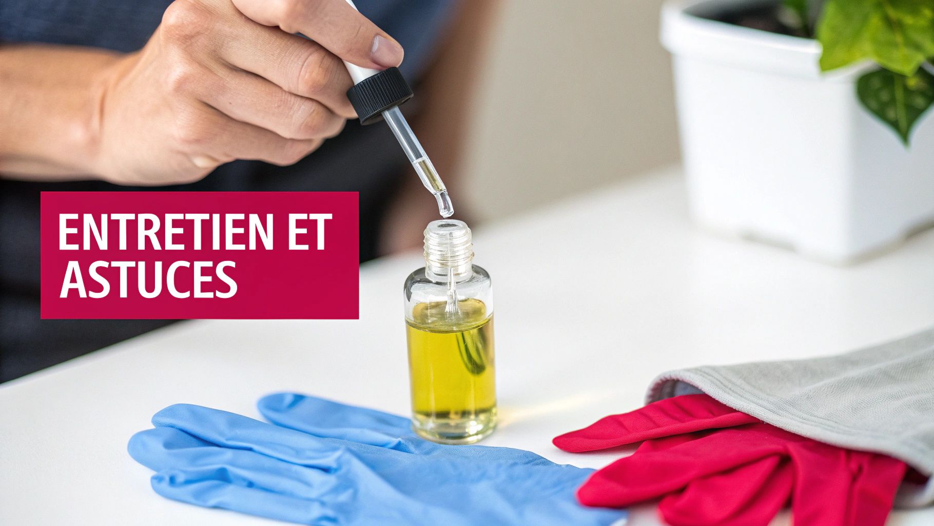 Une main utilise une pipette pour ajouter du liquide à un flacon, entouré de gants de ménage. Bannière "Entretien et Astuces".