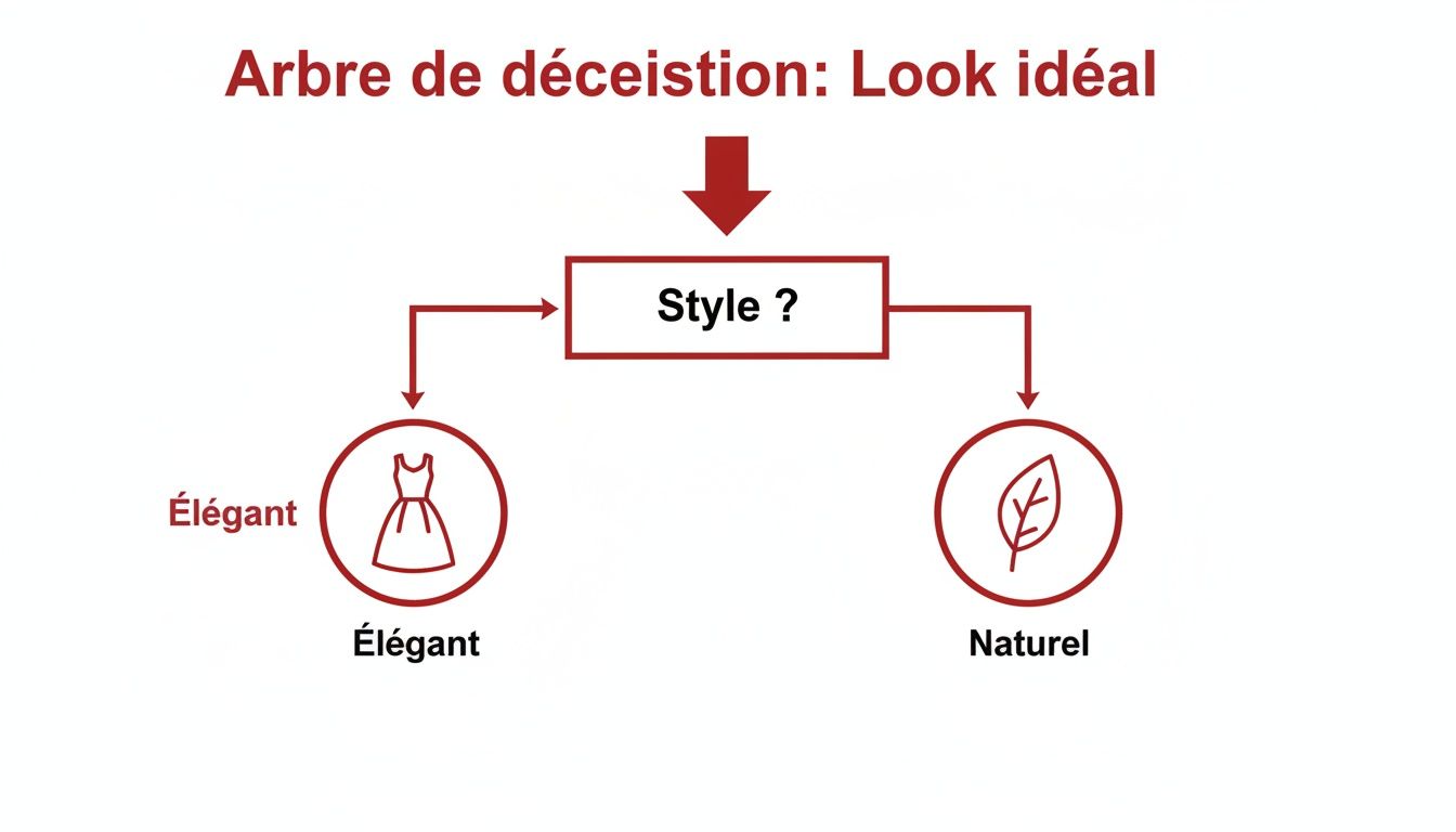Diagramme de décision sur le look idéal, interrogeant le style et proposant élégant (robe) ou naturel (feuille).