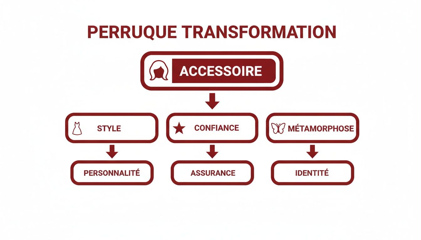 Infographie illustrant la transformation par la perruque : accessoire influençant style, confiance, métamorphose, personnalité et identité.