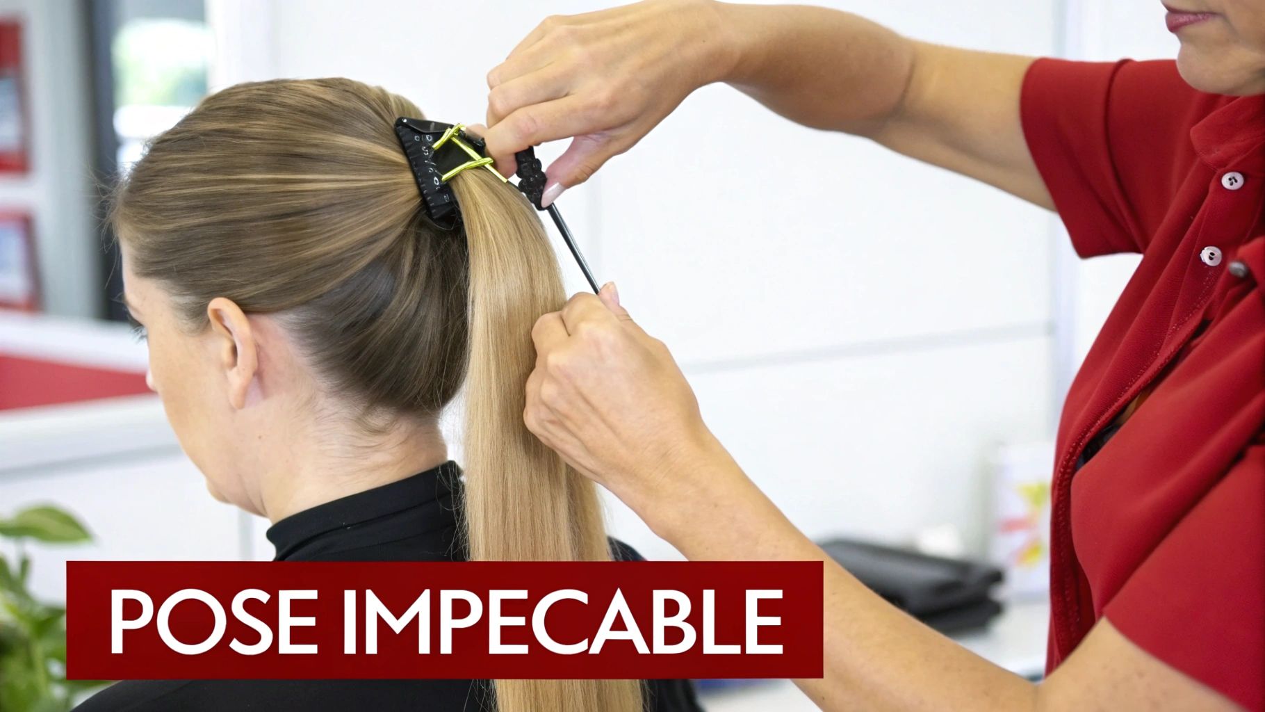 Une coiffeuse fixe une longue queue de cheval blonde avec un accessoire, créant une pose impeccable.