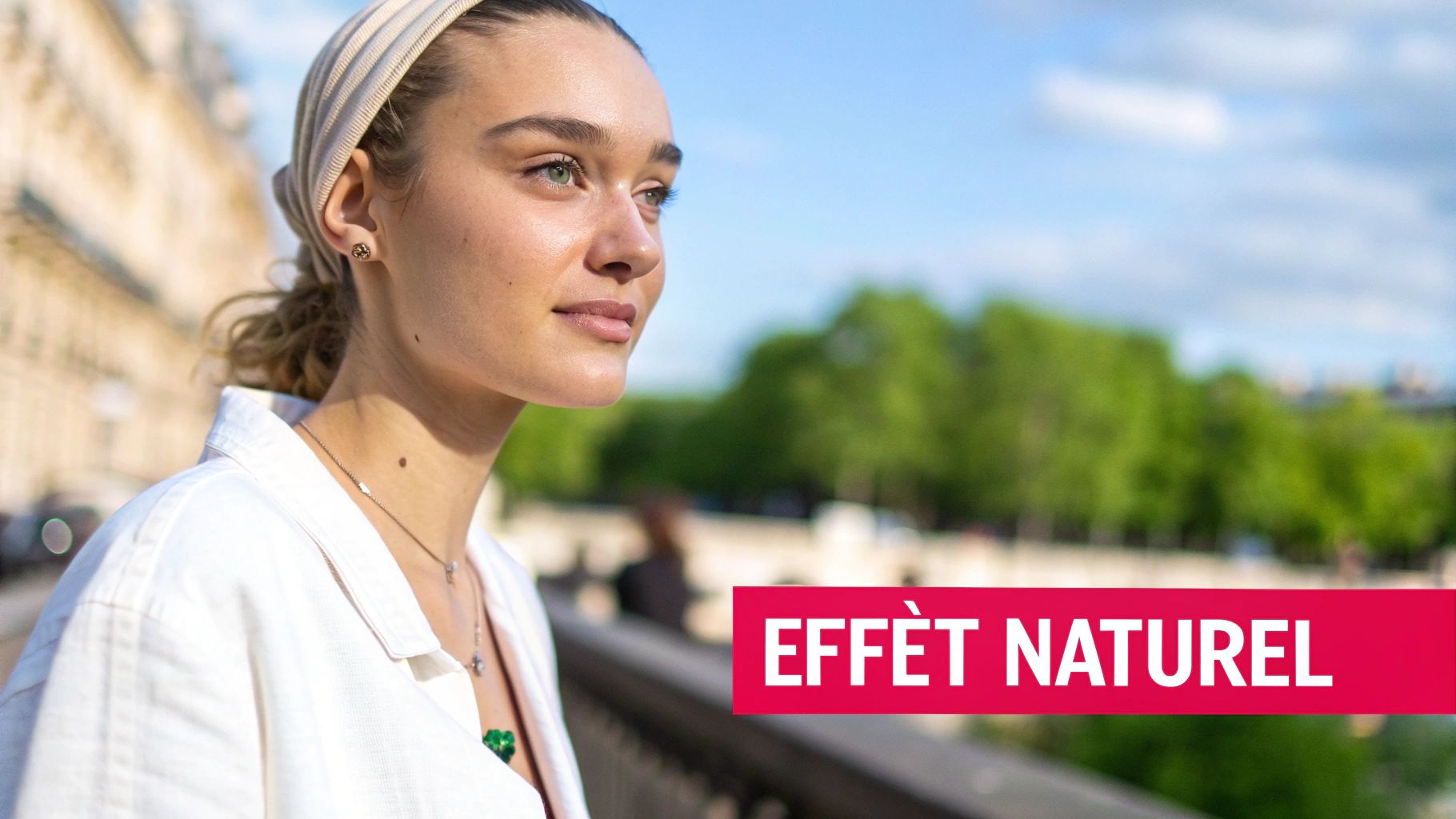 Jeune femme au maquillage naturel, portant un bandeau et une chemise blanche, regardant au loin dans un cadre urbain lumineux.