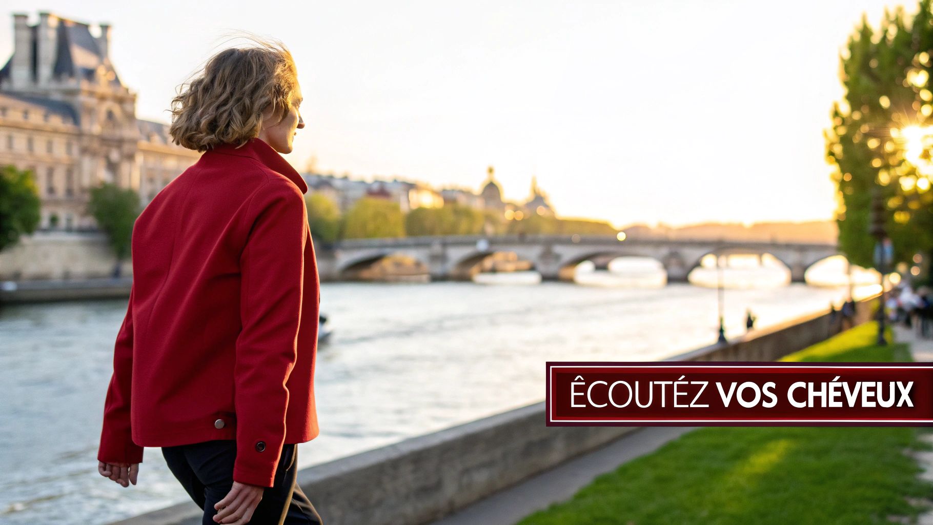 Une personne aux cheveux ondulés et veste rouge admire le coucher de soleil sur la Seine à Paris.
