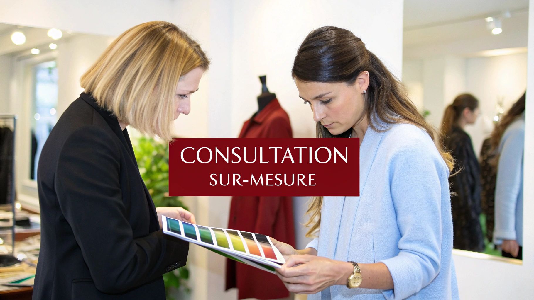 Deux femmes discutant et examinant des échantillons de couleurs lors d'une consultation sur-mesure pour vêtements.