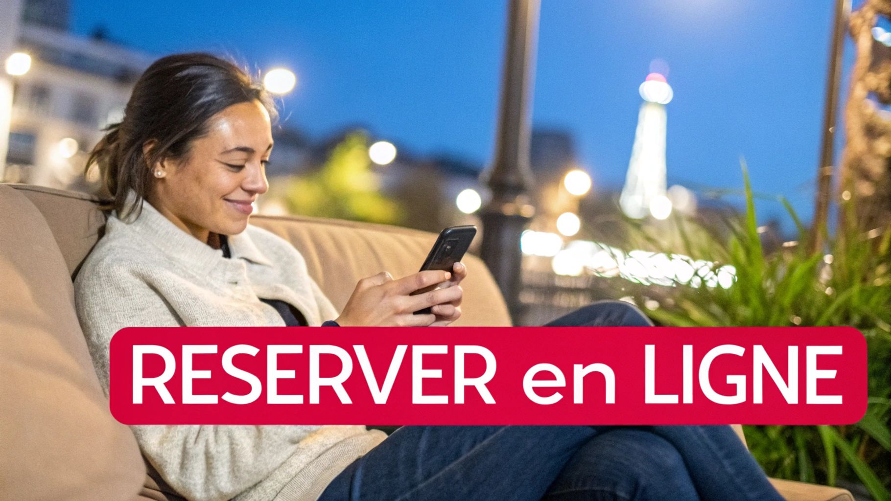 Jeune femme réservant son rendez-vous de coiffure en ligne sur smartphone depuis son canapé