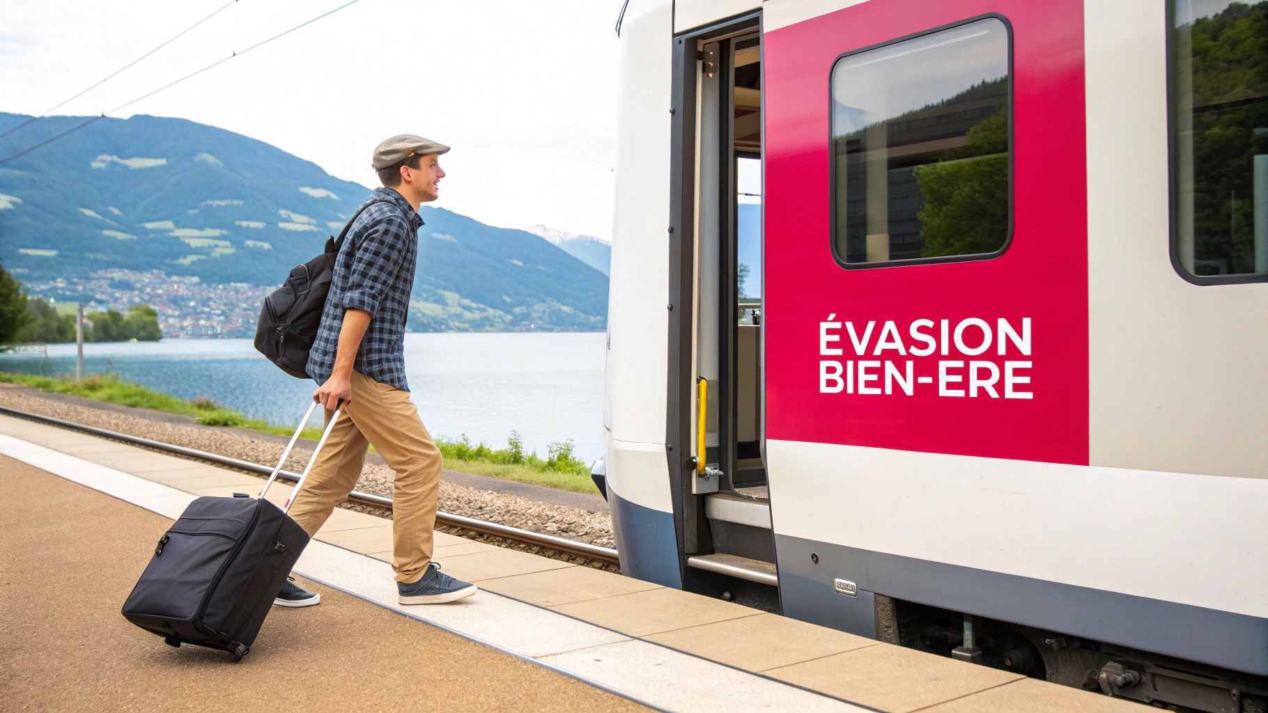 Voyageur avec valise montant dans un train régional près d'un lac de montagne