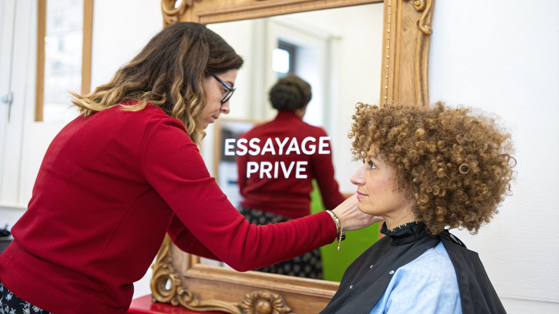 Une femme aux cheveux bouclés lors d'un essayage privé avec une styliste attentive.