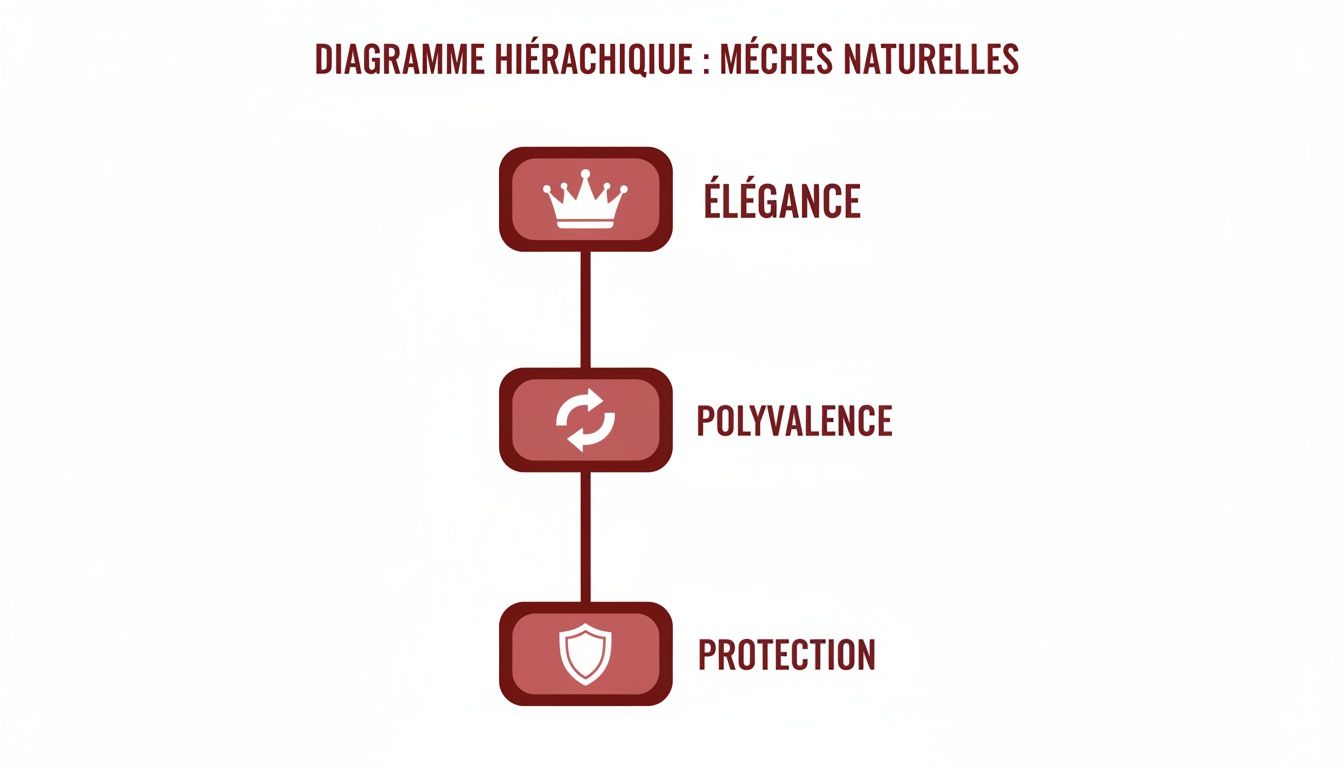 Diagramme hiérarchique illustrant les avantages des mèches naturelles : élégance, polyvalence et protection.