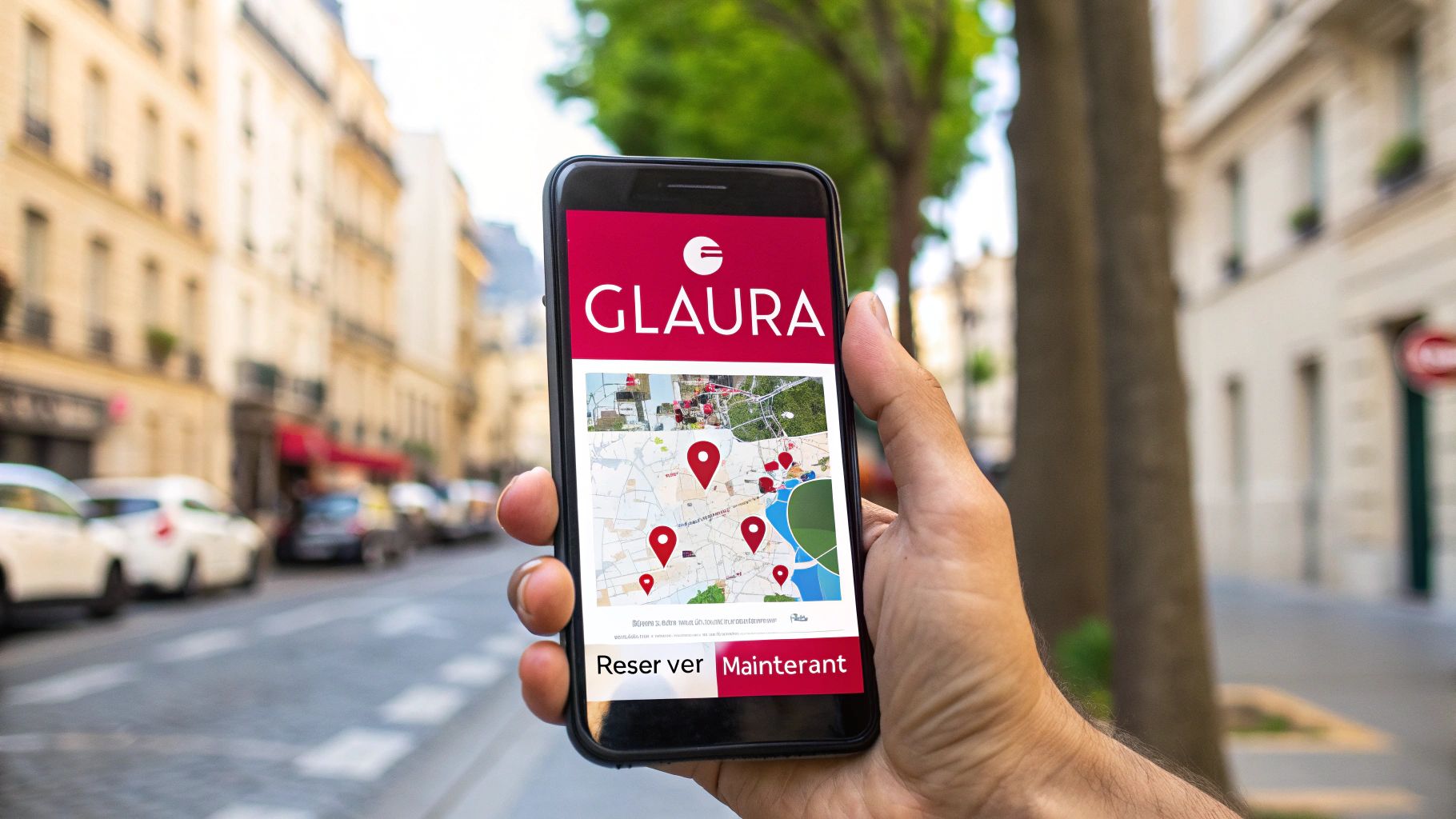 Une main tient un smartphone avec l'application GLAURA affichant une carte et des repères de localisation, sur fond de rue animée.