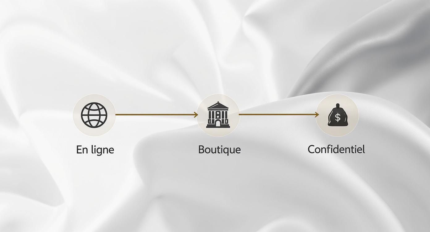 Diagramme illustrant un processus en trois étapes : en ligne, boutique, puis confidentiel, avec icônes.
