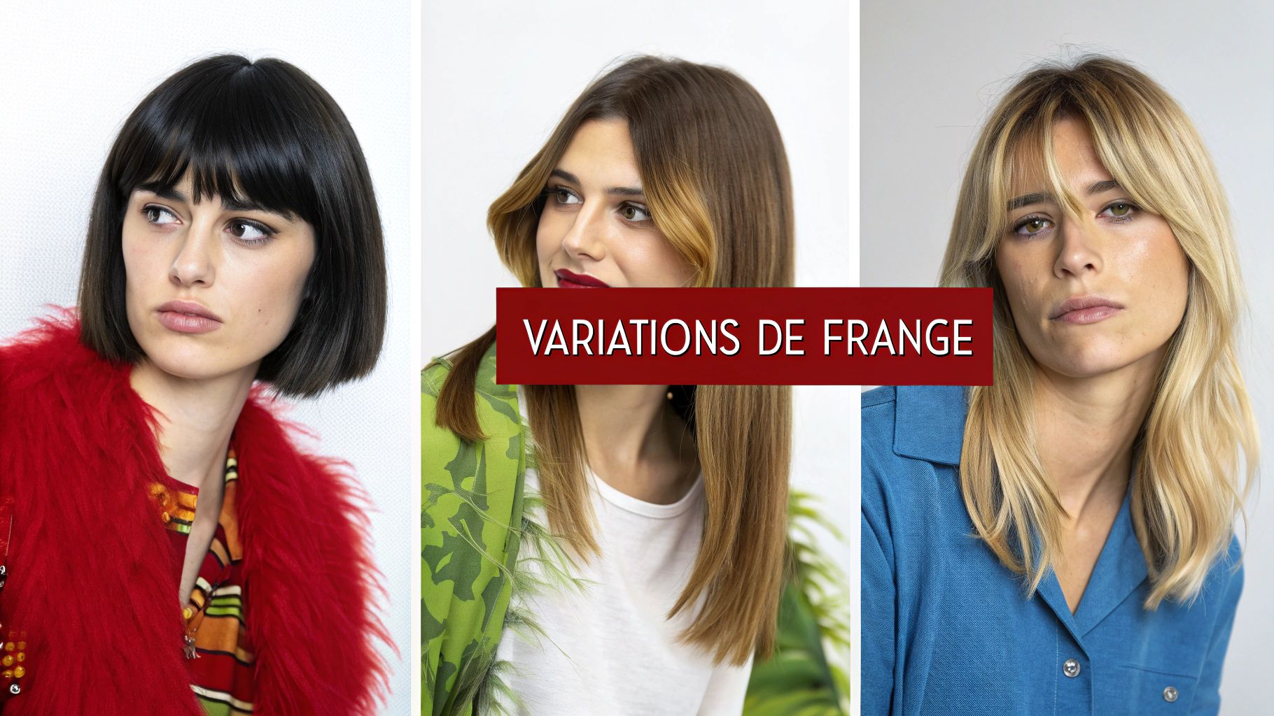 Trois femmes illustrent diverses coupes de cheveux avec franges, dont des franges droites et rideaux.