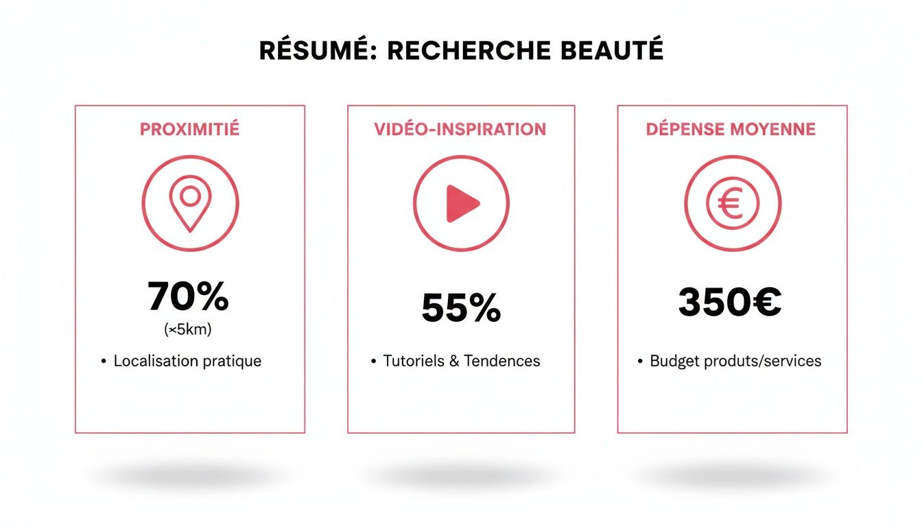 Infographie présentant un résumé de la recherche beauté, incluant la proximité, l'inspiration vidéo et la dépense moyenne.