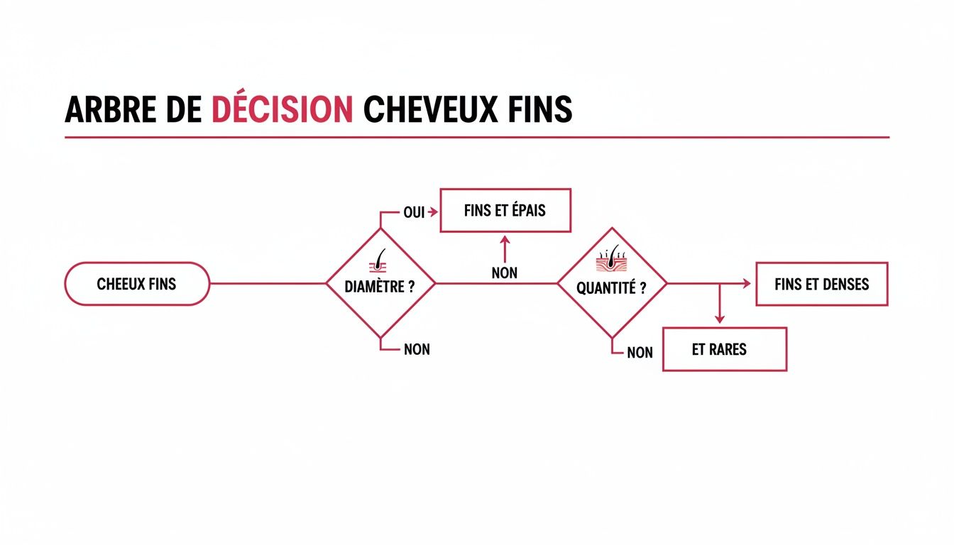 Arbre de décision pour cheveux fins, évaluant le diamètre et la quantité pour déterminer le type de cheveu.