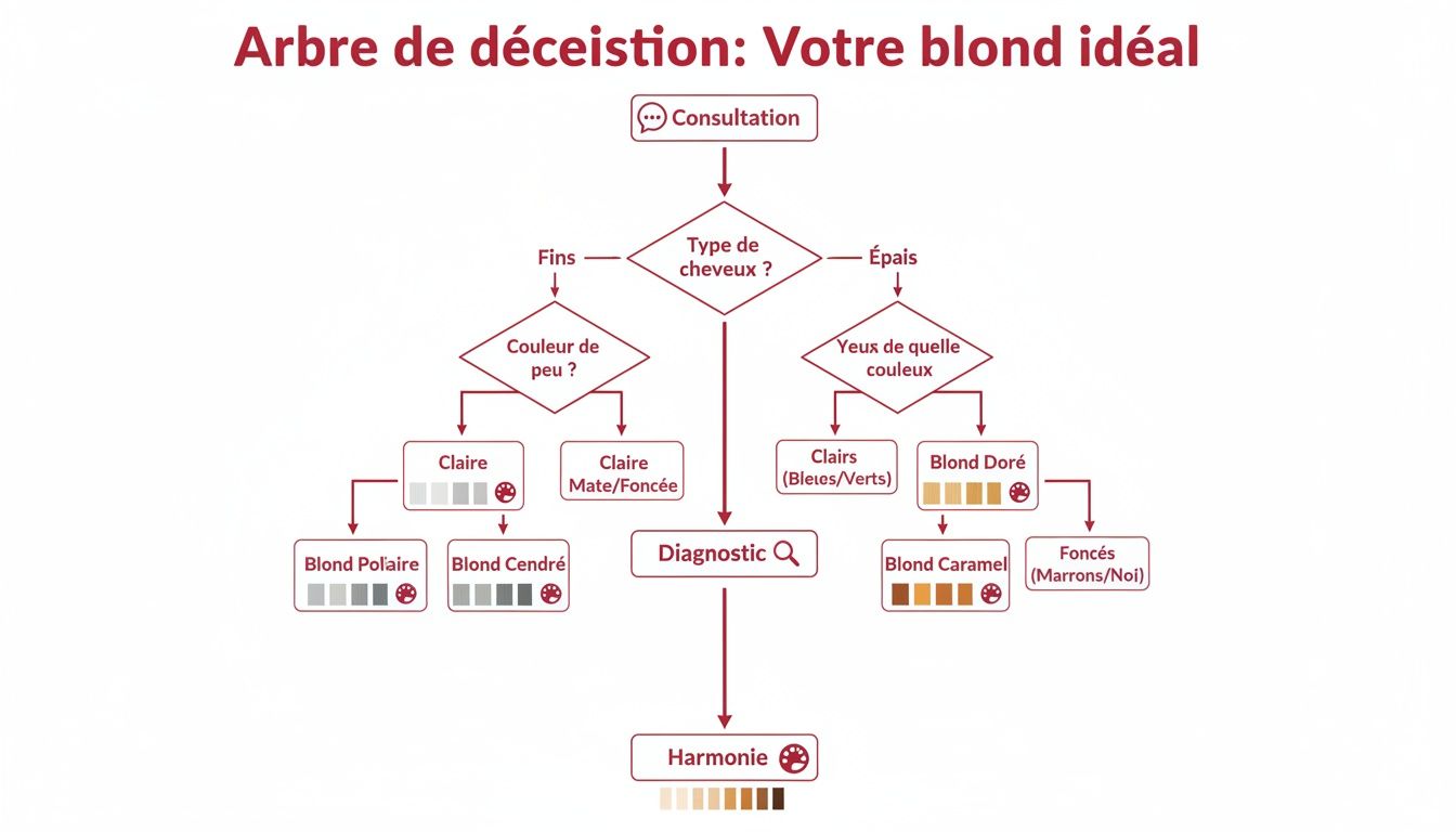 Diagramme de décision pour trouver votre blond idéal selon vos caractéristiques capillaires et cutanées.