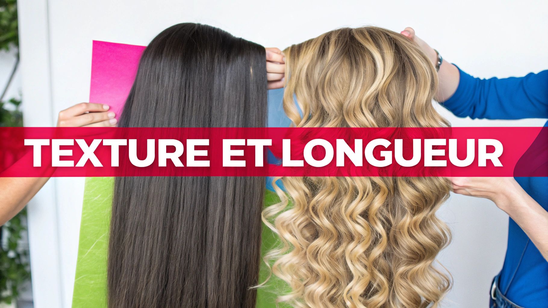 Deux types de cheveux, lisses foncés et ondulés blonds, illustrant différentes textures et longueurs.