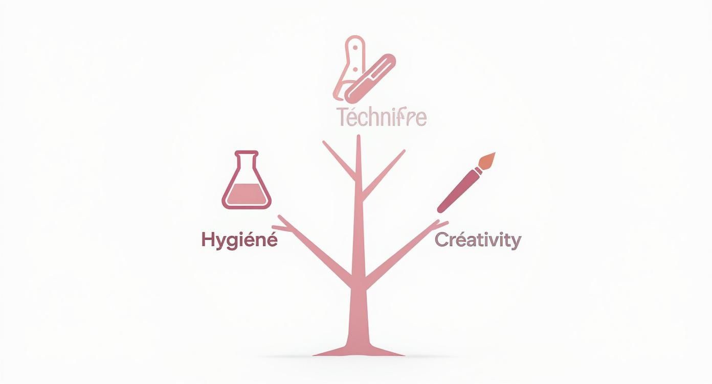 Arbre stylisé représentant l'hygiène avec une fiole, la technicité avec des outils et la créativité avec un pinceau.