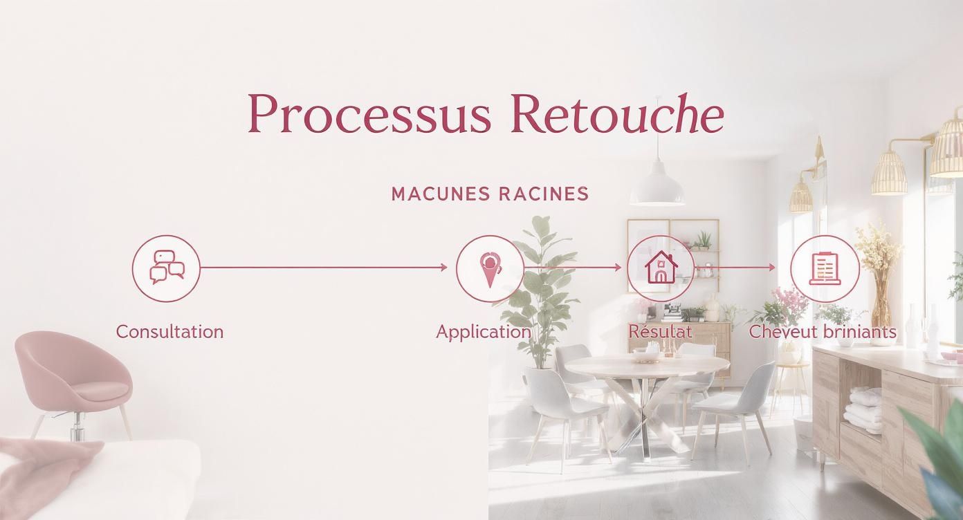 Description du processus de retouche capillaire pour les racines, de la consultation aux cheveux brillants.