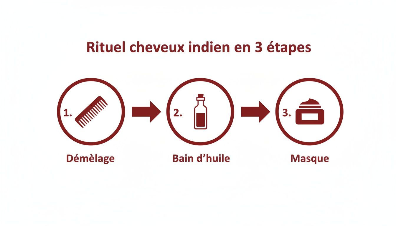 Image montrant les 3 étapes d'un rituel capillaire indien: démêlage, bain d'huile et masque.