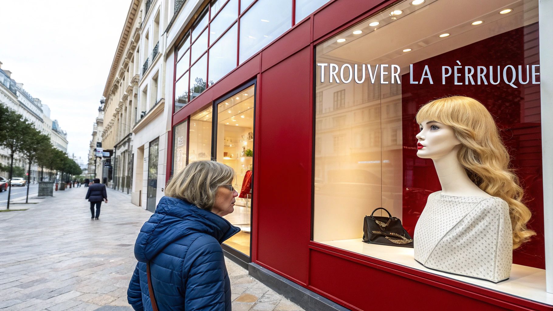 Une femme regarde une perruque blonde sur un mannequin dans la vitrine d'un magasin à Paris.