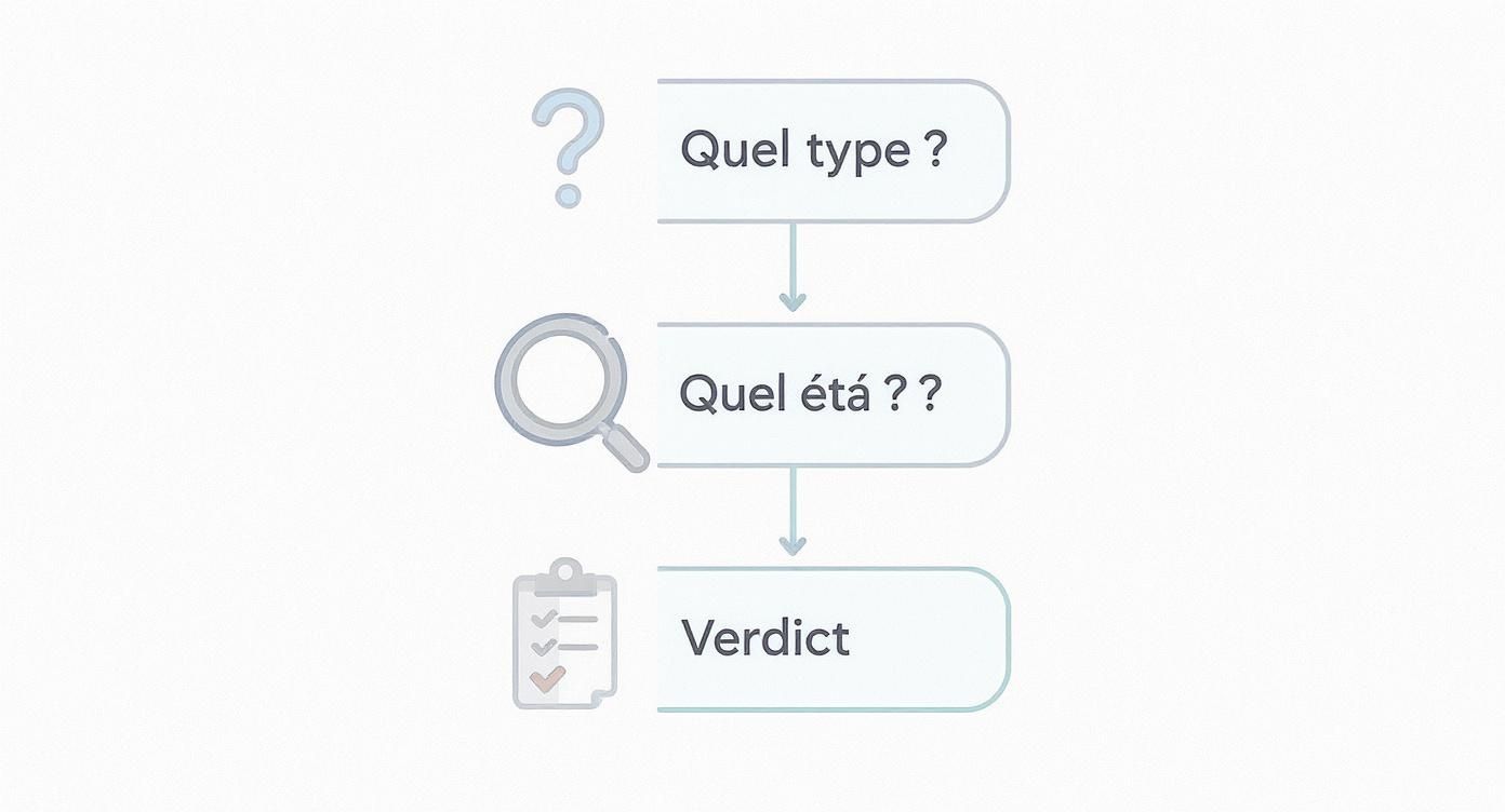 Diagramme de flux illustrant un processus en trois étapes : 'Quel type ?', 'Quel éta ??' et le 'Verdict'.