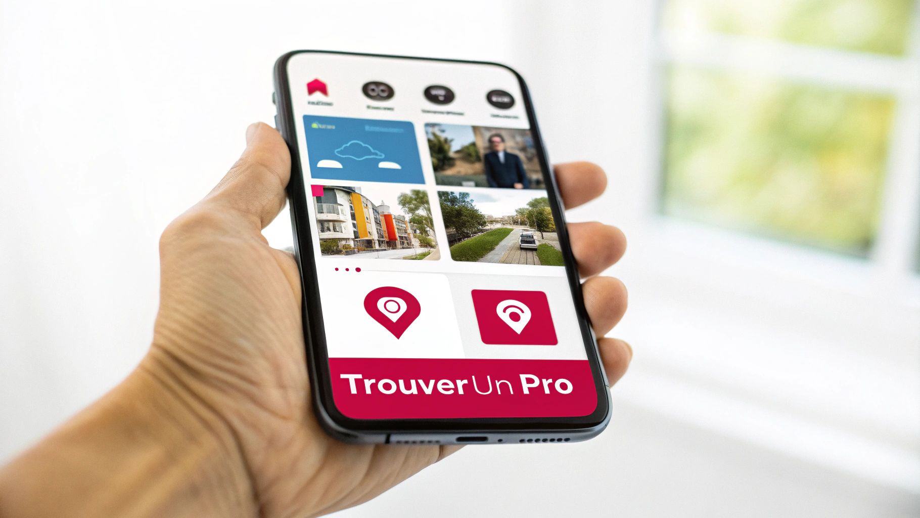 Main tenant un smartphone affichant une application avec des images diverses et la fonction 'Trouver Un Pro'.