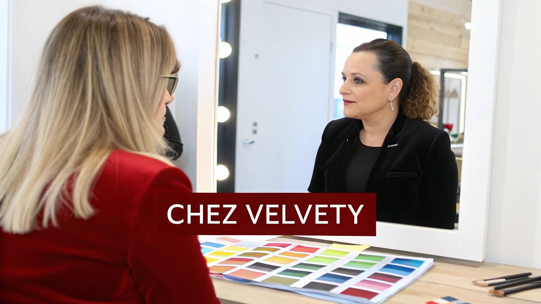 Deux femmes discutant devant un miroir avec un nuancier de couleurs sur une table.