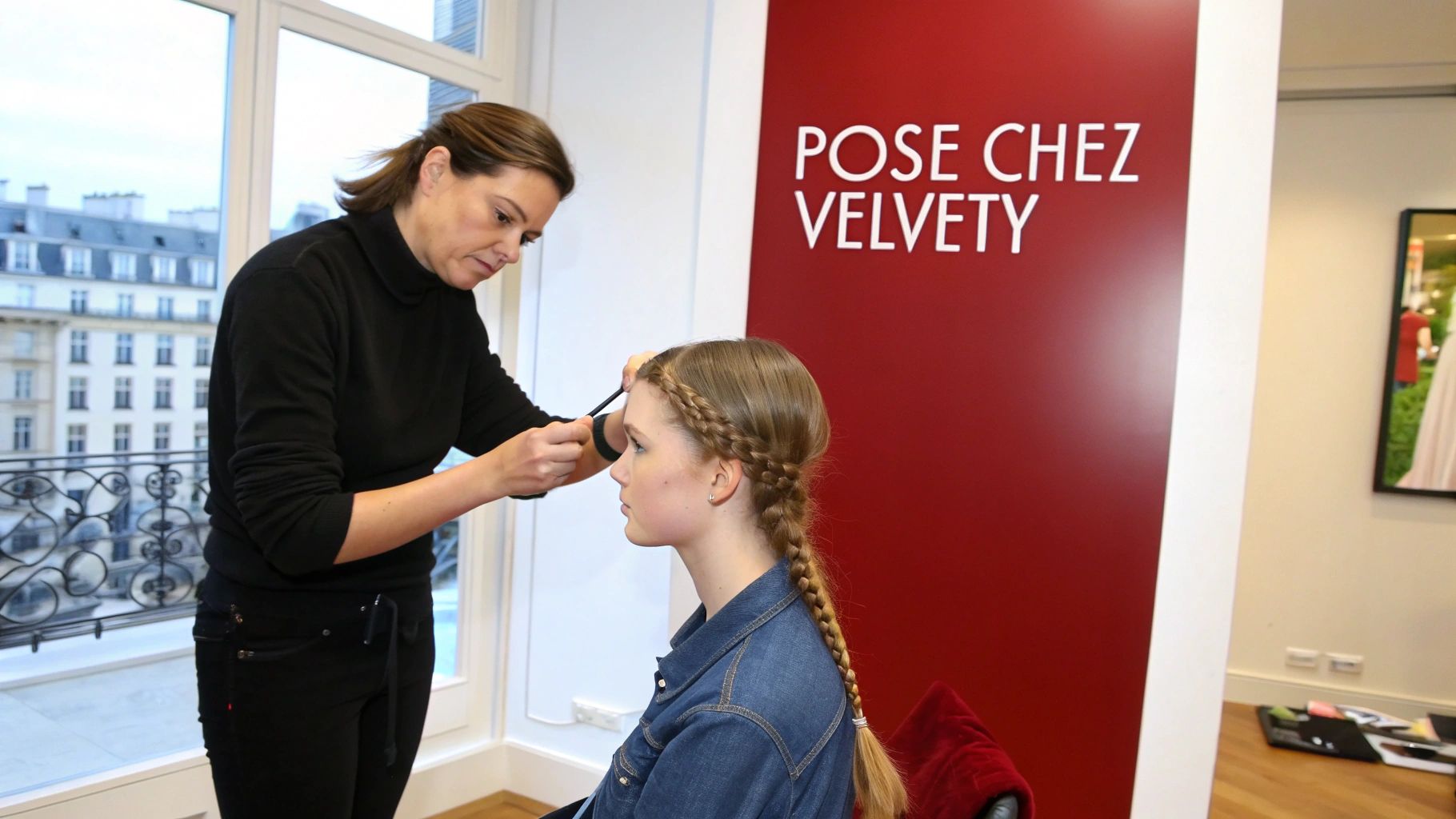 Une styliste coiffe les cheveux d'une jeune femme avec des tresses, devant une fenêtre et une pancarte rouge.