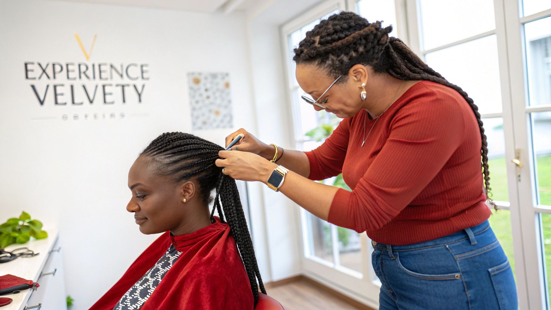 Une coiffeuse tresse habilement les cheveux d'une cliente dans un salon moderne, avec des extensions déjà intégrées.
