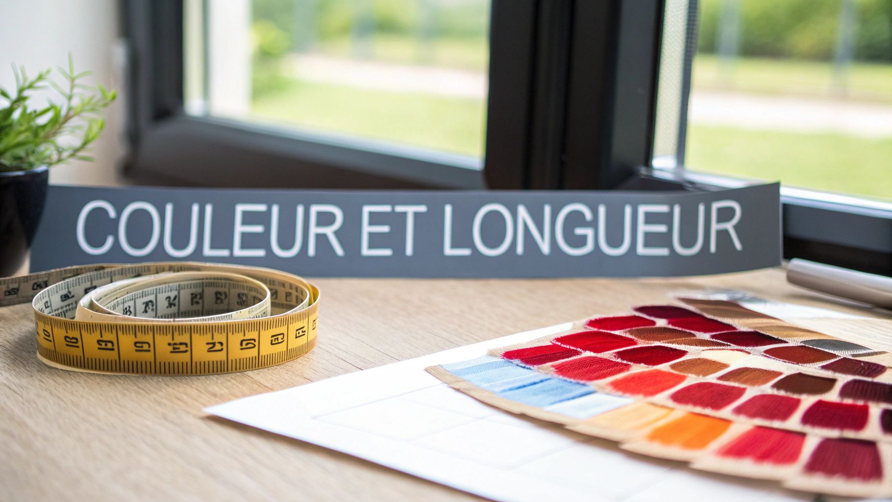 Une table de travail avec un mètre ruban, des échantillons de couleurs et une pancarte «COULEUR ET LONGUEUR».